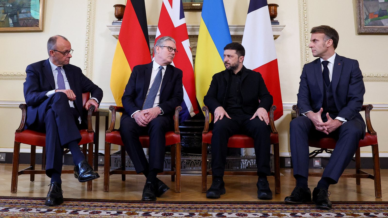 Friedrich Merz, Sir Keir Starmer, Volodymyr Zelenskyy and Emmanuel Macron at Downing Street. Pic: Reuters