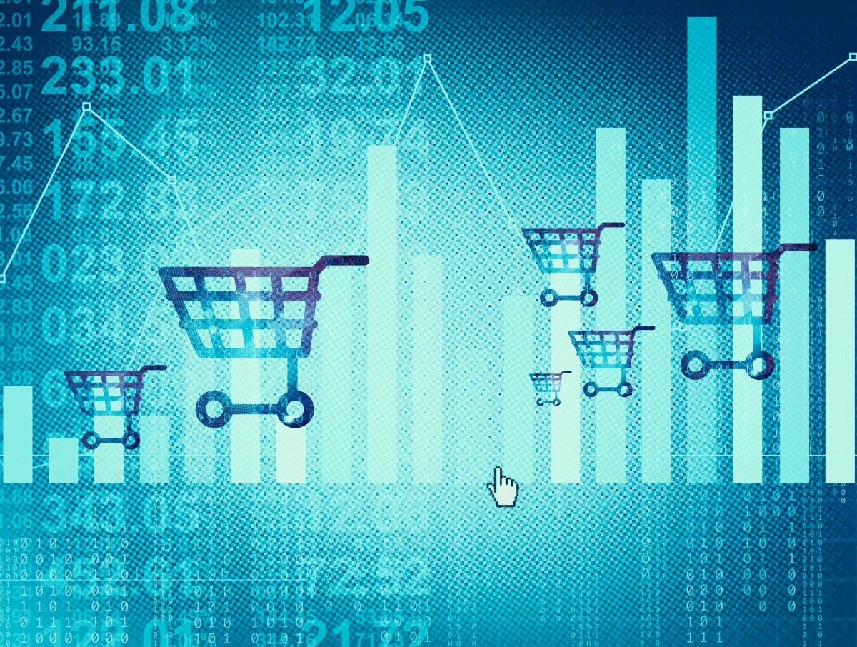 Multiple shopping carts over a data background to illustrate customer data.