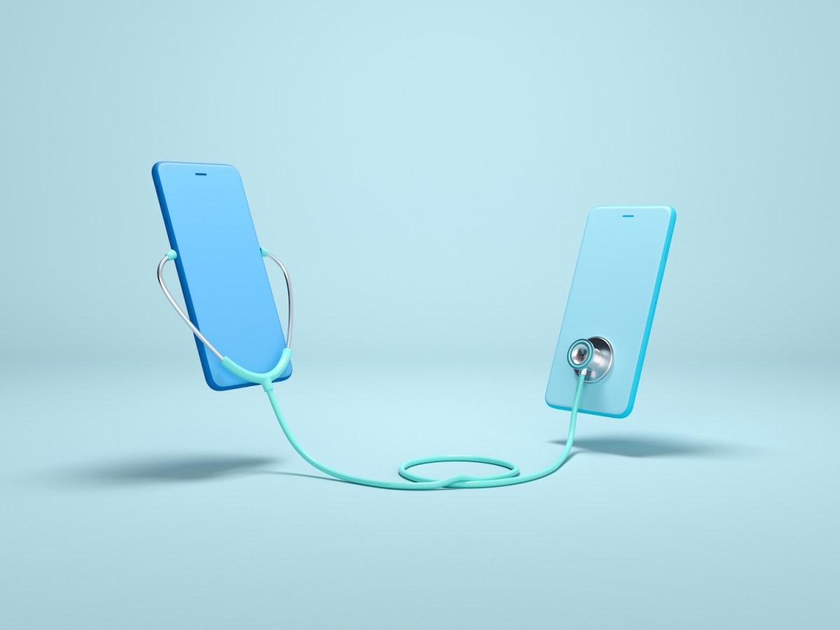 Concept design Online Doctor. Two Phones using stethoscope and checks health. Online medical clinic communication with patient. Minimal health concept. Flat lay. 3d illustration isometric.